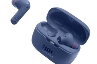 Blue wireless earbuds with charging case