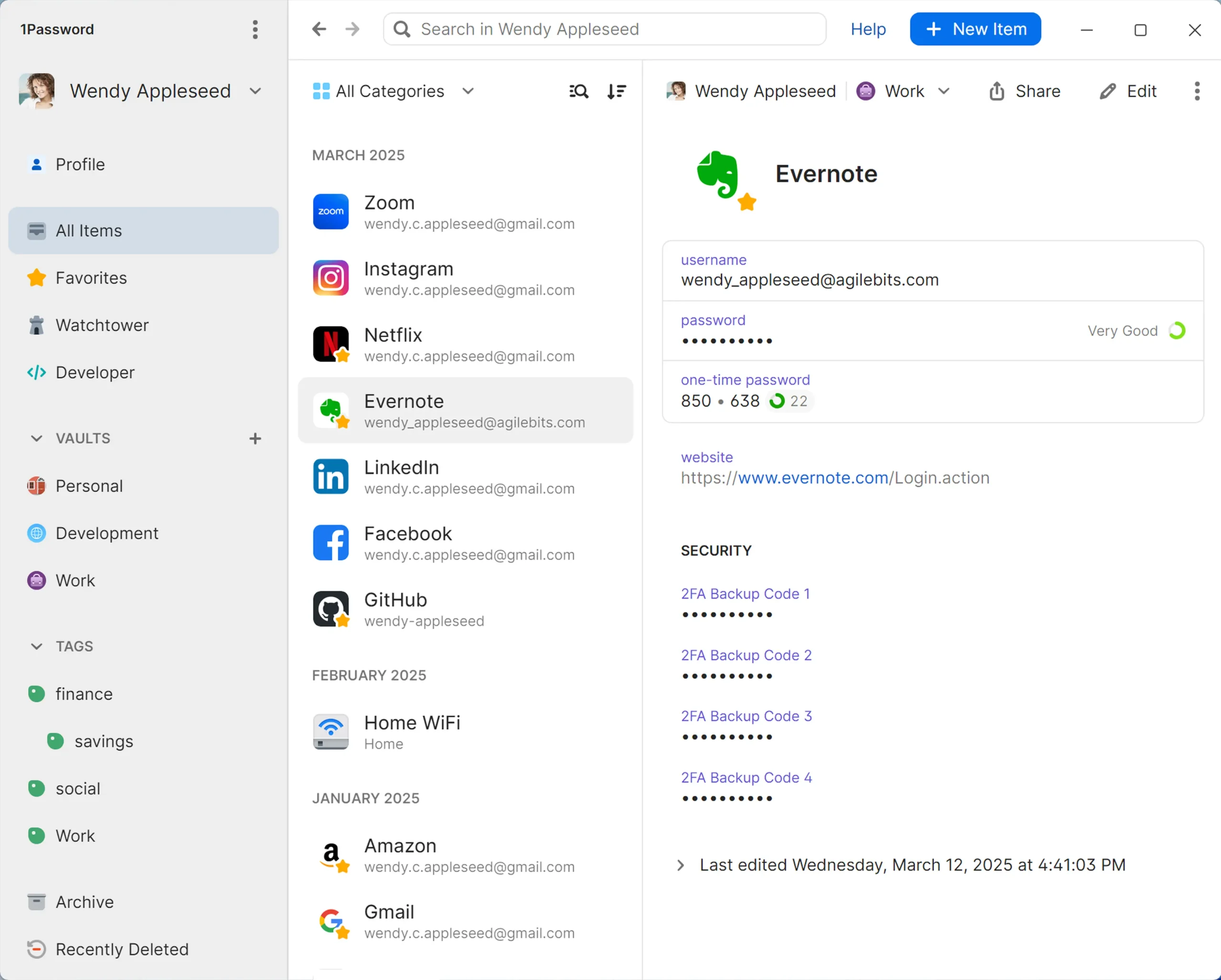 1Password interface showcasing Evernote credentials.