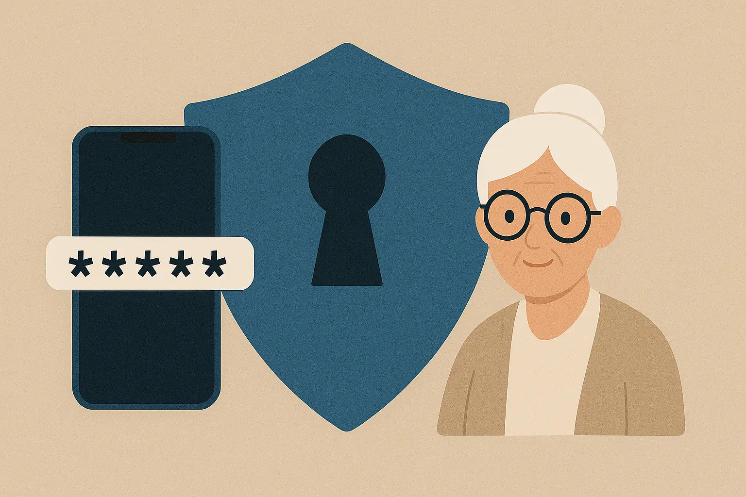 Elderly woman, smartphone, password, security shield illustration.