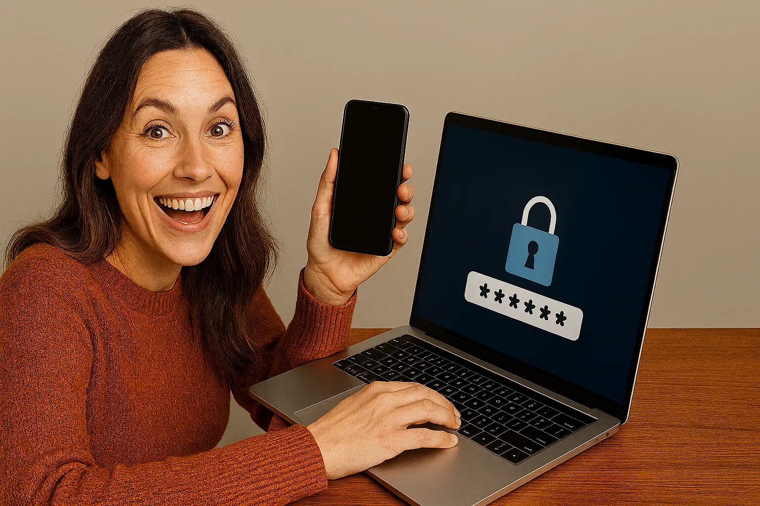 Smiling woman holding phone, laptop with security icon