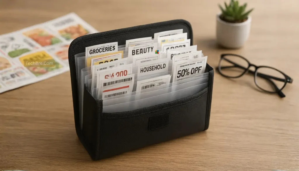 Organizer filled with various discount coupons.