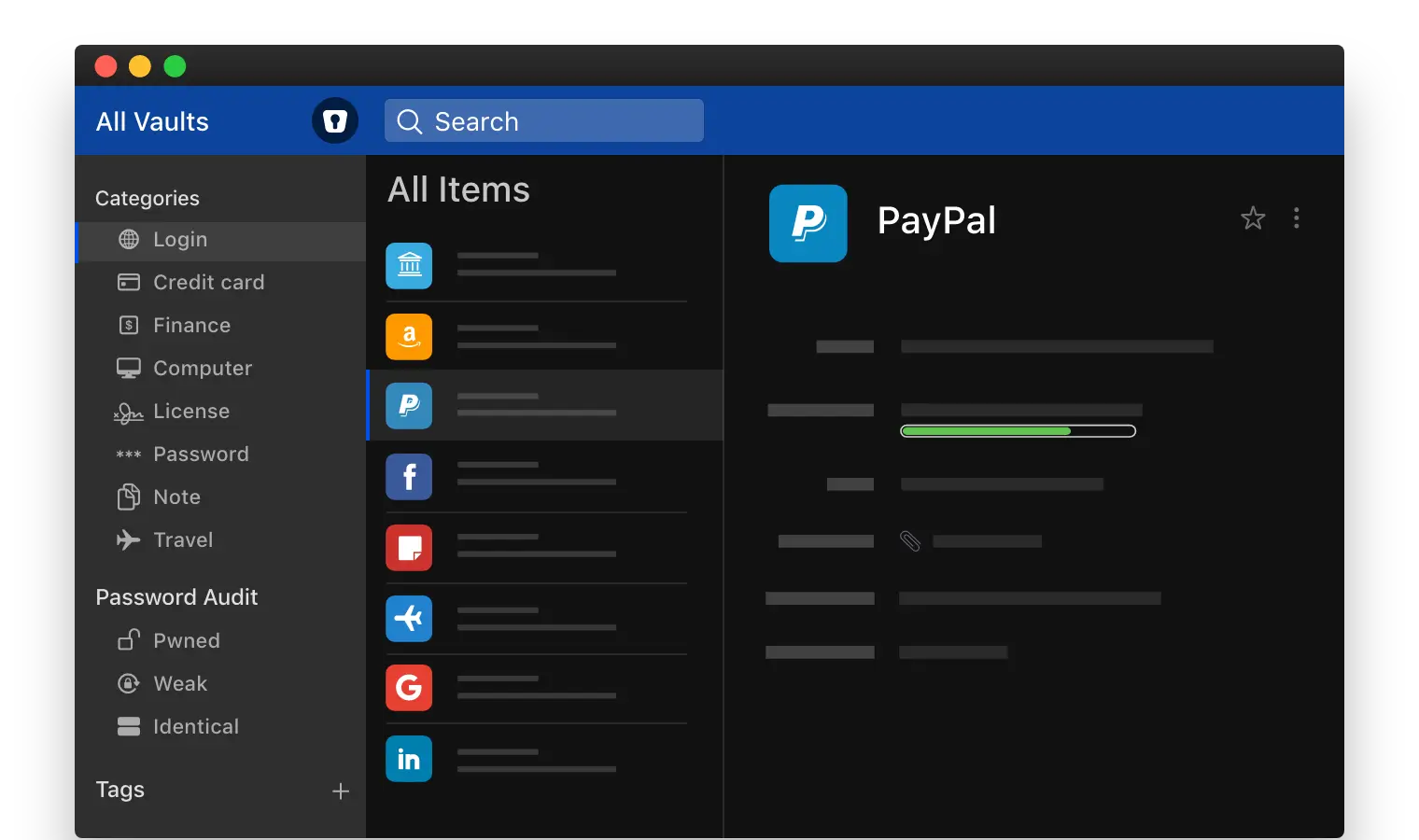 Password management interface showing PayPal entry.