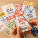 Person cutting discount coupons with scissors.