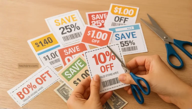 Person cutting discount coupons with scissors.