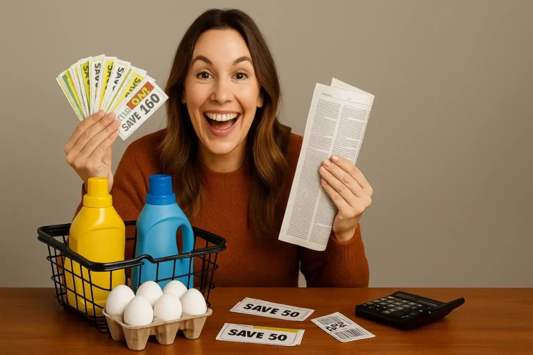 Woman excited with coupons and groceries on desk