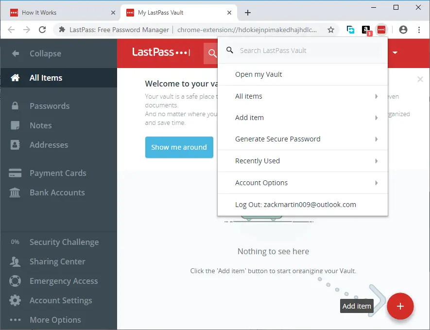 LastPass Vault user interface with menu options
