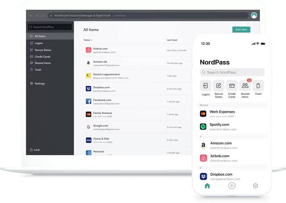 NordPass password manager interface on laptop and phone