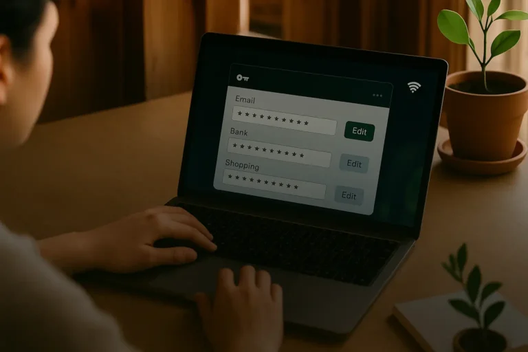 Person managing passwords on laptop