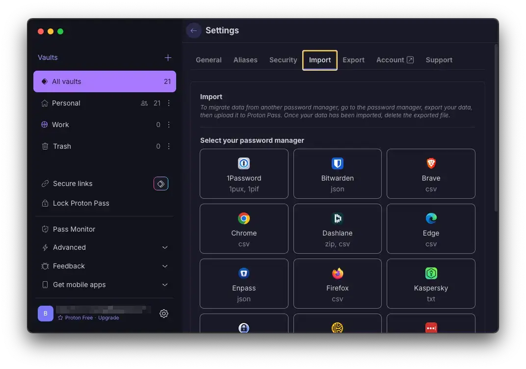 Password manager import settings interface