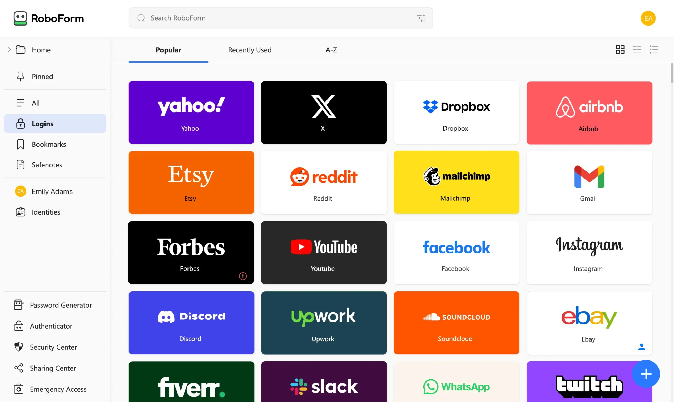 Grid of popular login options in RoboForm.