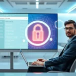 Man using laptop with digital security display