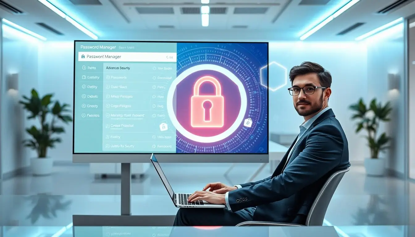 Man using laptop with digital security display