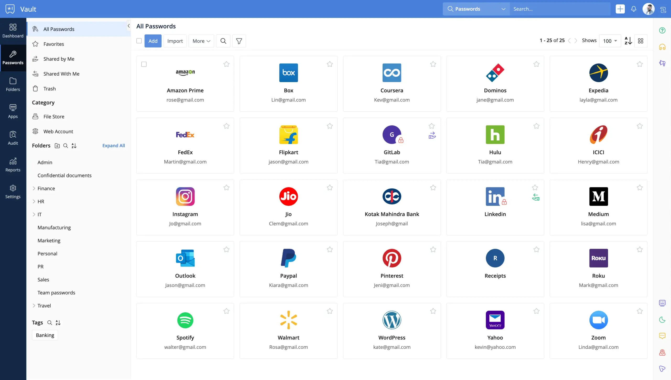 Password management dashboard with various accounts listed.