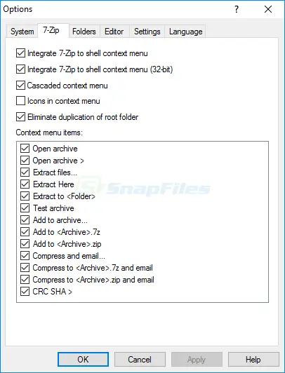 7-Zip options menu for shell integration settings.