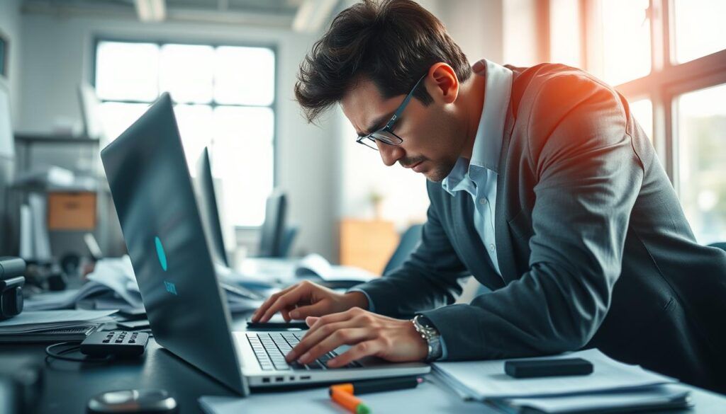 A close-up view of a frustrated individual working at a cluttered desk, focusing on a slow laptop. The person, dressed in a smart casual attire, is hunched over the keyboard, visibly troubled by the laptop's performance. In the foreground, the laptop screen displays a spinning loading icon, symbolizing speed issues. In the middle ground, various documents and tech gadgets are strewn about, hinting at multitasking chaos. The background features a bright, well-lit office space with soft window light filtering in, creating a contrast between the bright environment and the user’s frustration. The atmosphere feels tense yet realistic, emphasizing the common experience of dealing with laptop slowdown.