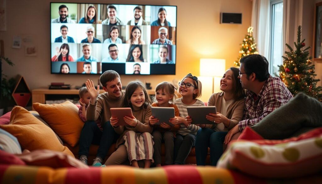 A cozy family living room setting with a large screen displaying a video call between multiple family members, smiling and waving at each other. In the foreground, a colorful, child-friendly sofa with cushions and toys scattered around. In the middle ground, a family of four, dressed in modest casual clothing, now engaged in conversation; two children holding tablets and their parents leaning in, looking joyful. The background features a decorated holiday tree and warm lighting, creating a festive atmosphere. The scene captures a sense of connection and happiness, emphasizing the importance of bonding during the holidays. Soft, natural lighting illuminates the room, enhancing the warm and inviting mood, with a focus on the family interaction.
