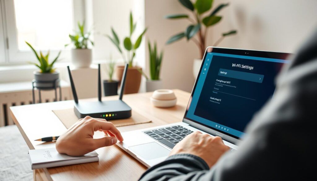 A cozy home office setting with a modern look, featuring a sleek laptop open to a Wi-Fi settings page on the screen. In the foreground, a person dressed in smart casual attire is focused on configuring their guest Wi-Fi network, with fingers poised over the keyboard. The middle area showcases a stylish router with blinking lights, representing connectivity, while a notepad with handwritten guest network details lies nearby. In the background, soft sunlight filters through a window, illuminating houseplants and minimalist decor to create a warm and inviting atmosphere. The image should convey a sense of ease and professionalism, embodying the thoughtful setup process of guest Wi-Fi. The lighting should be bright yet soft, emphasizing clarity and comfort in the workspace.