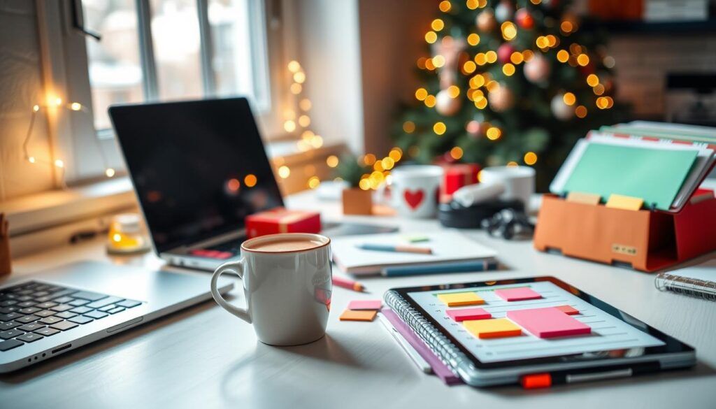 A cozy, inviting workspace filled with holiday-themed productivity tools, like a well-organized desk featuring a sleek laptop, colorful planners, and vibrant sticky notes. In the foreground, a cup of warm cocoa sits next to a digital tablet displaying a to-do list app with holiday decorations in the background. The middle layer includes a festive garland strung across the desk and twinkling fairy lights, creating a cheerful atmosphere. Soft natural lighting illuminates the scene from a nearby window, casting gentle shadows. The background features a decorated Christmas tree, hinting at the holiday season, without distractions. The overall mood is warm, inspiring, and conducive to productivity, ideal for planning effectively during the holidays.