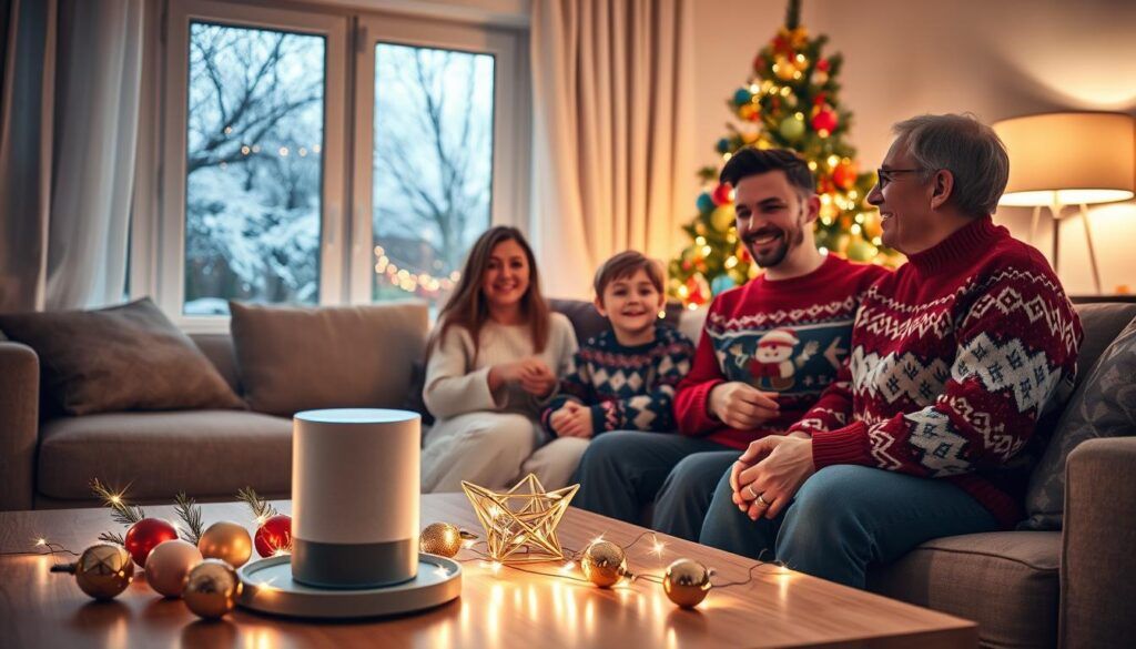 A cozy living room decorated for the holidays, featuring a smart speaker prominently placed on a stylish coffee table surrounded by festive ornaments and twinkling fairy lights. In the foreground, a diverse group of two adults and a child, dressed in comfortable holiday sweaters, enthusiastically discussing their Alexa holiday routines. In the middle ground, a window displays gentle snowfall outside, enhancing the warm ambiance indoors. The background features a beautifully adorned Christmas tree with glowing lights and colorful ornaments, casting a soft, inviting glow. The scene is illuminated by warm, natural light from a nearby lamp, creating a cheerful and inviting atmosphere that captures the joy of holiday preparations with technology.