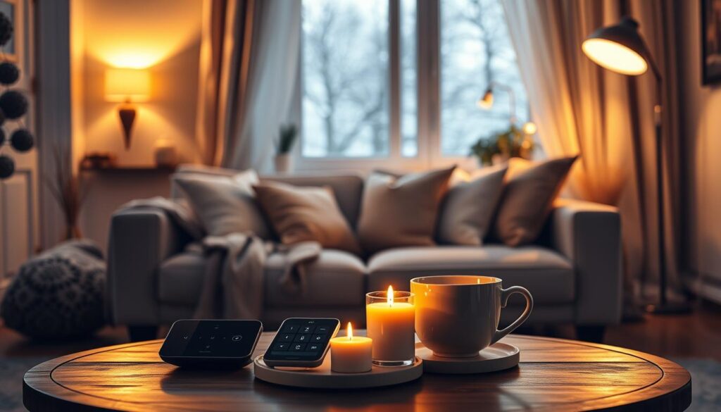A cozy living room featuring advanced smart lighting solutions that enhance ambiance for winter evenings. In the foreground, a tastefully arranged coffee table with a warm cup of tea, soft candles flickering, and a sleek smart lighting control device. The middle ground showcases a comfortable sofa adorned with soft cushions, bathed in a gentle mix of warm, dimmable LED lights casting inviting shadows. Decorative wall sconces and a stylish floor lamp provide a layered lighting effect that creates a relaxing atmosphere. The background reveals a window with a soft view of gently falling snow, amplifying the cozy winter vibe. The scene is softly illuminated with a focus on warm tones, conveying a peaceful, inviting mood, captured in high-resolution with a wide-angle lens to encompass the whole room.
