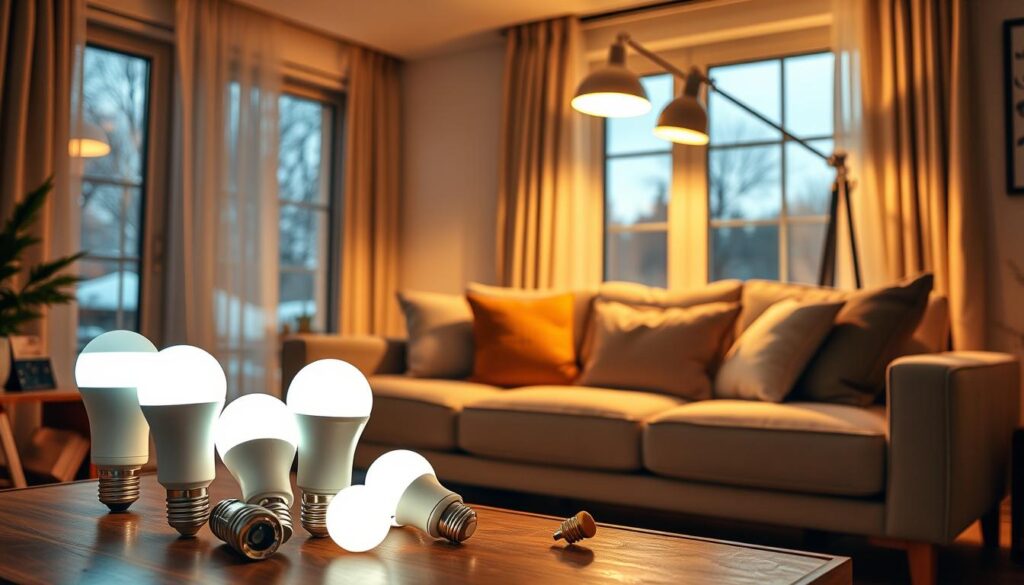 A cozy living room scene illuminated by top smart light bulbs, showcasing a blend of modern design and warm ambiance. In the foreground, several sleek smart light bulbs are elegantly displayed on a stylish coffee table, casting a soft glow. The middle ground features a plush sofa adorned with decorative pillows, under a trendy floor lamp that shines with adjustable color settings. In the background, soft curtains frame a large window, revealing a wintry landscape outside. The lighting is warm and inviting, creating a serene atmosphere perfect for winter evenings. Capture this scene with a warm color palette, using a slightly elevated angle to emphasize the light bulbs and the overall cozy setting, ensuring a professional, polished look.