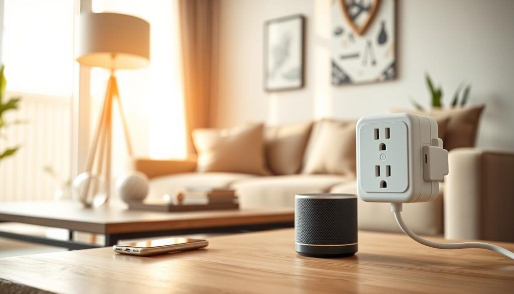 A cozy, modern living room scene showcasing the importance of smart plugs. In the foreground, there’s a stylish coffee table with a smart plug connected to a lamp, smartphone charger, and a smart speaker. The middle ground features a comfortable sofa and a decorative plant, emphasizing the concept of home automation. In the background, a large window lets in soft, warm sunlight, creating a welcoming atmosphere. The lighting highlights the smart plug's sleek design and functionality. The camera angle is slightly elevated, capturing the smart plug in detail while also framing the inviting room. The overall mood is contemporary and tech-savvy, reflecting the ease and convenience smart plugs bring to everyday life.
