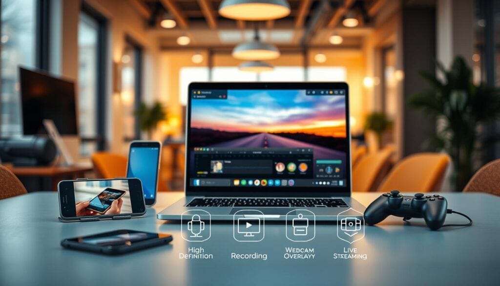 A dynamic and informative composition showcasing the key features of top screen recording software. In the foreground, depict a modern laptop displaying a vibrant screen capture interface, featuring elements like a video timeline, recording buttons, and annotation tools. Surround the laptop with a sleek smartphone and a gaming console, demonstrating versatility. In the middle ground, illustrate icons representing features such as high-definition recording, webcam overlay, and live streaming, artistically arranged to catch the eye. The background should feature a softly lit office environment, with a subtle bokeh effect to maintain focus on the software elements. Use warm lighting to create an inviting atmosphere, emphasizing productivity and innovation, shot from a slightly elevated angle for a contemporary perspective. A dynamic and informative composition showcasing the key features of top screen recording software. In the foreground, depict a modern laptop displaying a vibrant screen capture interface, featuring elements like a video timeline, recording buttons, and annotation tools. Surround the laptop with a sleek smartphone and a gaming console, demonstrating versatility. In the middle ground, illustrate icons representing features such as high-definition recording, webcam overlay, and live streaming, artistically arranged to catch the eye. The background should feature a softly lit office environment, with a subtle bokeh effect to maintain focus on the software elements. Use warm lighting to create an inviting atmosphere, emphasizing productivity and innovation, shot from a slightly elevated angle for a contemporary perspective.
