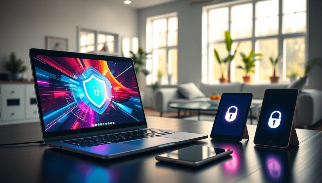 A futuristic home office scene showcasing multiple devices connected to a secure VPN. In the foreground, a sleek laptop displaying a colorful and dynamic interface symbolizing cybersecurity. Beside it, a tablet and smartphone, both showing a glowing padlock symbol, representing security. In the middle ground, a stylish desk with a modern look, illuminated by soft, ambient light that creates a tech-savvy atmosphere. The background features a stylish living room with a comfortable couch and potted plants, suggesting a family-friendly environment. Natural light filters through large windows, casting gentle shadows, enhancing the warmth of the scene. The overall mood is safe, modern, and inviting, emphasizing the importance of connectivity in today’s digital landscape. A futuristic home office scene showcasing multiple devices connected to a secure VPN. In the foreground, a sleek laptop displaying a colorful and dynamic interface symbolizing cybersecurity. Beside it, a tablet and smartphone, both showing a glowing padlock symbol, representing security. In the middle ground, a stylish desk with a modern look, illuminated by soft, ambient light that creates a tech-savvy atmosphere. The background features a stylish living room with a comfortable couch and potted plants, suggesting a family-friendly environment. Natural light filters through large windows, casting gentle shadows, enhancing the warmth of the scene. The overall mood is safe, modern, and inviting, emphasizing the importance of connectivity in today’s digital landscape.
