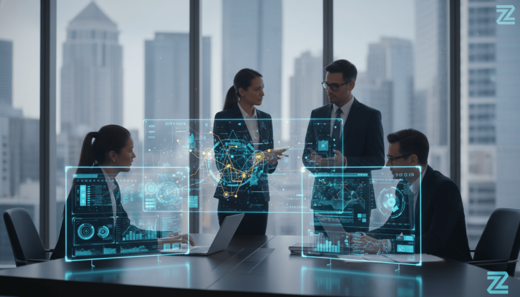A futuristic, sleek workspace showcasing advanced ZipTie AI technology. In the foreground, a high-tech workstation features multiple digital displays, showing intricate data analytics and AI algorithms in vibrant colors. A diverse group of professionals in smart business attire collaborates, discussing insights over holographic projections of data models. The middle ground highlights a dynamic AI interface with glowing circuits and interconnected nodes, representing the intelligence of ZipTie. In the background, large windows reveal a modern cityscape under soft, natural lighting, with hints of innovation and technology. The atmosphere is vibrant yet focused, radiating professionalism and cutting-edge advancements in artificial intelligence.