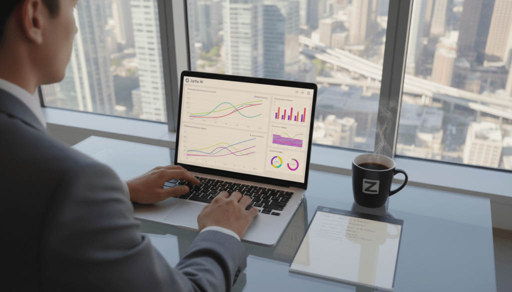 A modern, high-tech office environment showcasing a sleek laptop displaying the ZipTie AI interface, with a professional individual in business attire focused on optimizing performance metrics on the screen. In the foreground, capture the glowing laptop screen with colorful graphs and charts that illustrate AI performance data. In the middle ground, include a digital notepad with neatly organized notes and a stylish mug filled with coffee, enhancing the user’s productivity atmosphere. The background should feature large windows with a city skyline view under bright daylight, symbolizing innovation and connectivity. Emphasize a sense of efficiency and sophistication in the overall mood, with soft, warm lighting that creates a welcoming workspace. Use a slight overhead angle to give a comprehensive view of the setting.