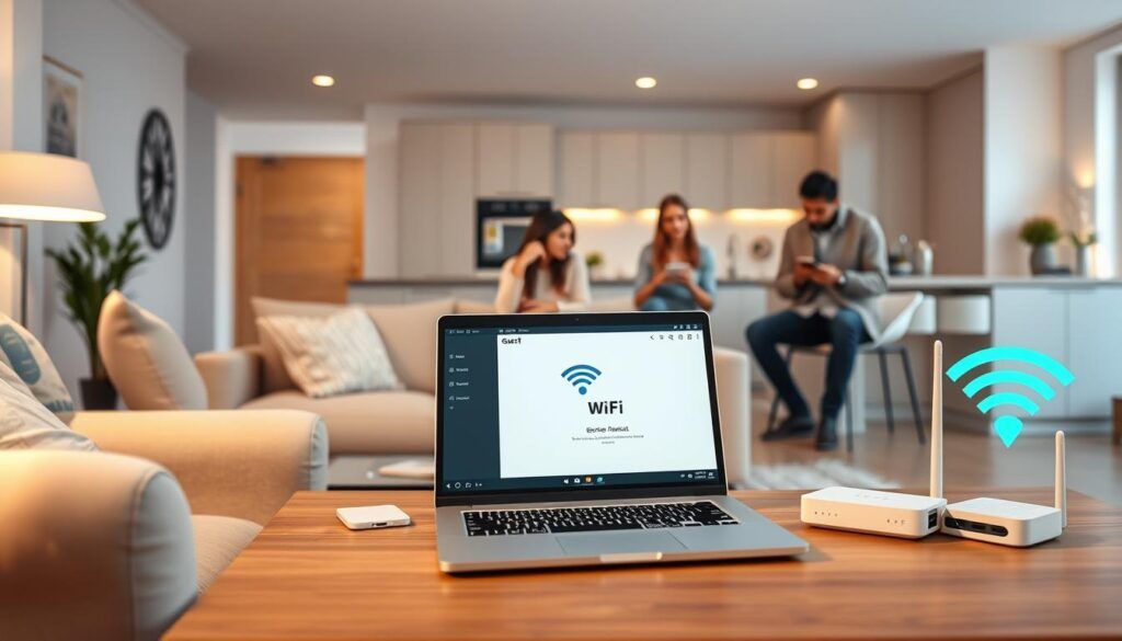 A modern home interior featuring a spacious, well-lit living room scene that emphasizes the concept of guest Wi-Fi networks. In the foreground, a comfortable seating area with a stylish couch and coffee table, where a laptop is open displaying a secure Wi-Fi connection interface. In the middle ground, a family of diverse guests, dressed in casual yet neat clothing, are interacting with their devices, enjoying seamless internet access. The background shows a clean, contemporary kitchen with Wi-Fi network devices subtly integrated into the decor, with an emphasis on connectivity and ease of access. Soft, warm lighting creates an inviting atmosphere, with a focal point on the connectivity benefits of the guest network. The angle captures an inviting and friendly vibe, illustrating a safe and accommodating environment for visitors.