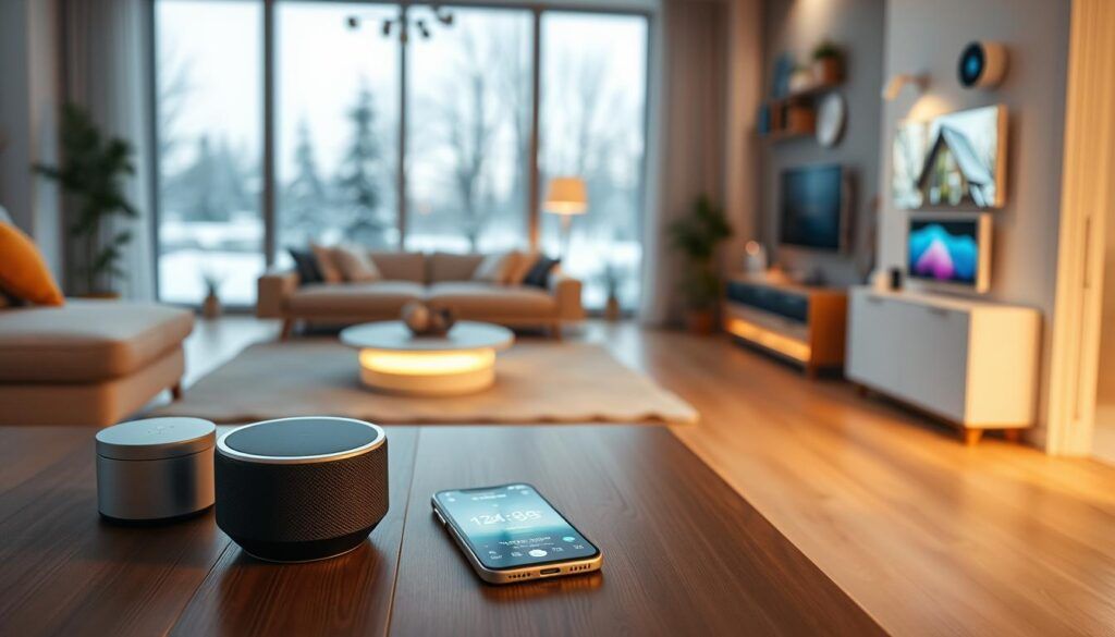 A modern home interior featuring various smart home technology devices. In the foreground, a sleek smart speaker with LED indicators on a stylish coffee table beside a smartphone displaying a connected home app. The middle layer shows a cozy living room with automated lighting, smart thermostats, and smart displays on the walls, projecting ambient colors. The background reveals large windows showcasing a winter landscape, with soft, natural daylight streaming in to create a warm atmosphere. Capture this scene with a slight depth of field, highlighting the foreground devices while softly blurring the background. The overall mood should feel innovative and inviting, illustrating the seamless integration of technology into everyday life.
