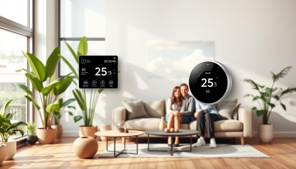A modern living room featuring a sleek smart thermostat mounted on the wall, surrounded by lush indoor plants and large windows allowing natural light to pour in. In the foreground, a cozy seating area with stylish, yet modest furnishings, showcasing a family engaged in everyday life, dressed in professional business attire. In the middle ground, the smart thermostat displays user-friendly interface options like temperature control and energy savings, visually illustrating its functionality. The background shows a bright blue sky with white clouds, symbolizing energy efficiency. Soft, warm lighting adds a welcoming atmosphere, emphasizing comfort and innovation, while promoting the idea of a sustainable, efficient home environment. The overall mood is inviting, intelligent, and forward-thinking.