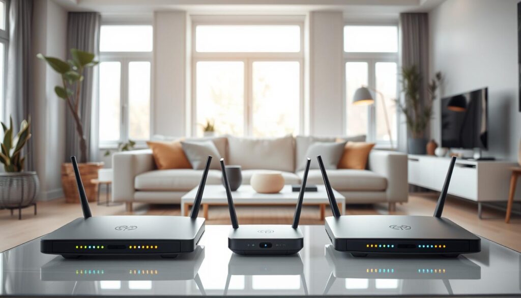 A modern living room setting showcasing mesh Wi-Fi technology. In the foreground, sleek, stylish mesh Wi-Fi routers are artistically arranged on a contemporary coffee table, their LED indicators softly glowing to signify connectivity. The middle ground features a comfortable sofa with smart home devices strategically placed around, such as smart speakers and a digital assistant, all connected seamlessly. In the background, large windows allow natural light to flood the space, creating an inviting atmosphere. The room is tastefully decorated with potted plants and minimalist furniture, reflecting a cozy yet high-tech vibe. The angle is slightly elevated, showcasing the harmonious integration of technology within the home. Soft, diffused lighting enhances the modern aesthetic, while maintaining a warm and inviting ambiance.