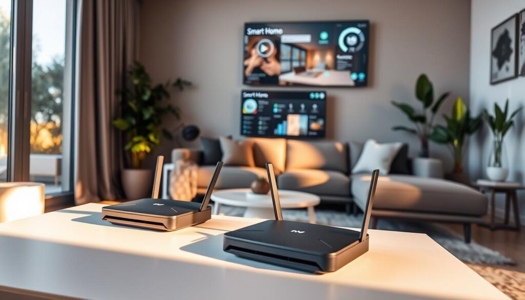 A modern living room showcasing the best mesh Wi-Fi systems for smart homes in 2026. In the foreground, sleek, stylish Wi-Fi router units are positioned on a minimalist coffee table. The middle layer features a cozy sectional sofa illuminated by soft, warm lighting reflecting from a nearby window. A digital smart home dashboard is visible on a wall-mounted screen, displaying connectivity status and smart device controls. In the background, lush indoor plants and contemporary decor enhance the inviting atmosphere. The image should convey a sense of innovation and comfort, with natural light filtering in, creating a bright and airy mood. Use a slightly elevated angle to capture the entire scene effectively, emphasizing the harmony between technology and home living.
