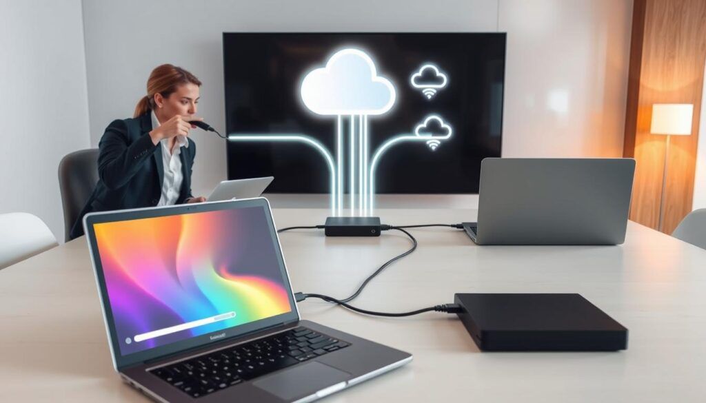A modern office setting showcasing various methods of file transfer. In the foreground, a sleek laptop displays a colorful progress bar indicating file transfer. To the left, a professional person in smart casual attire demonstrates a direct cable connection between two laptops. In the middle, an external hard drive connects to another laptop, with an abstract flow of data represented by glowing arrows moving to and from devices. The background features a large screen displaying cloud storage icons and Wi-Fi symbols, emphasizing wireless transfer options. Soft, diffused lighting brightens the scene, creating an inspiring and efficient atmosphere. The image is captured with a slight overhead angle, providing a comprehensive view of the transfer methods in action.