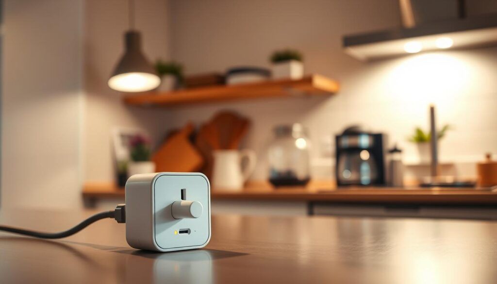 A modern smart plug sits prominently in the foreground against a softly lit kitchen countertop, showcasing its sleek, compact design with visible indicator lights. A stylish lamp and a small appliance, like a coffee maker, are plugged into the smart plug, demonstrating its practical use. In the background, a cozy kitchen scene is illuminated by warm, ambient light that enhances the inviting atmosphere. Focus on clean lines and a contemporary aesthetic, with a shallow depth of field so the smart plug remains sharply in focus while the background softly blurs. Capture the mood of convenience and modern technology, emphasizing how smart plugs simplify everyday life for users.