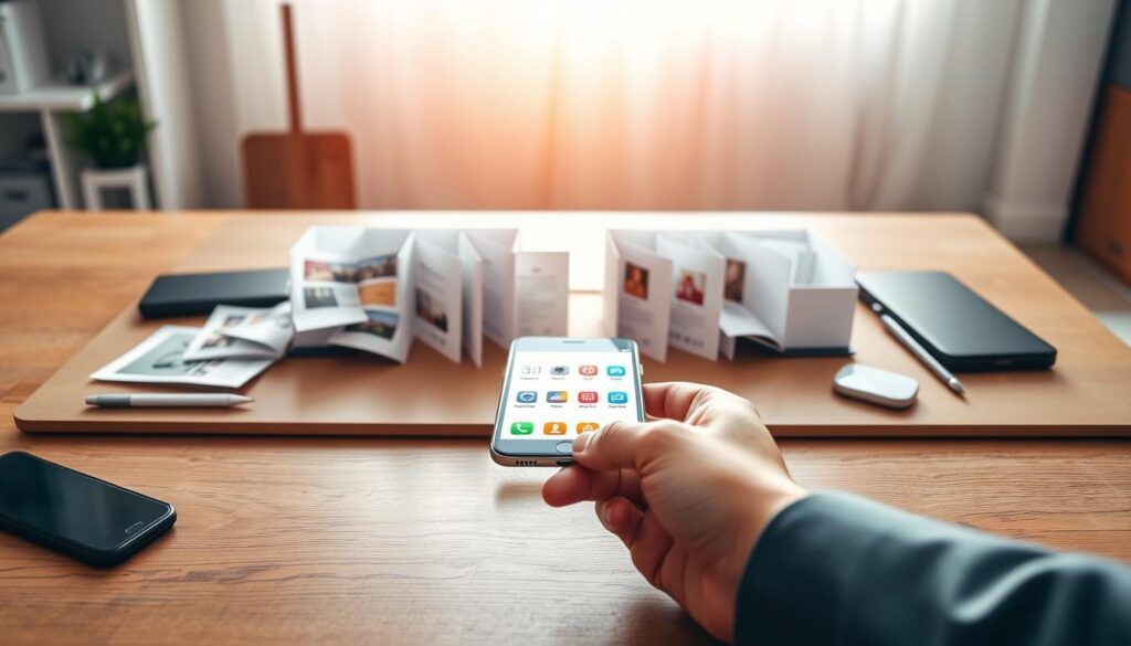 A modern smartphone is centrally placed on a sleek, wooden desk, surrounded by various digital tools representing phone storage optimization. In the foreground, a person's hand is shown holding a tablet displaying an organized app layout and storage management suggestions, clad in professional attire. The middle ground features open folders with icons of photos, apps, and documents, cleverly depicted to visualize a cluttered phone storage. The background is softly blurred, hinting at a minimalist home office with warm, inviting lighting pouring in through a nearby window. A sense of focus and tranquility fills the scene, embodying the theme of organization and efficiency. The composition captures a balance between technology and a neat workspace atmosphere, inviting the viewer into the idea of freeing up space on their phone.