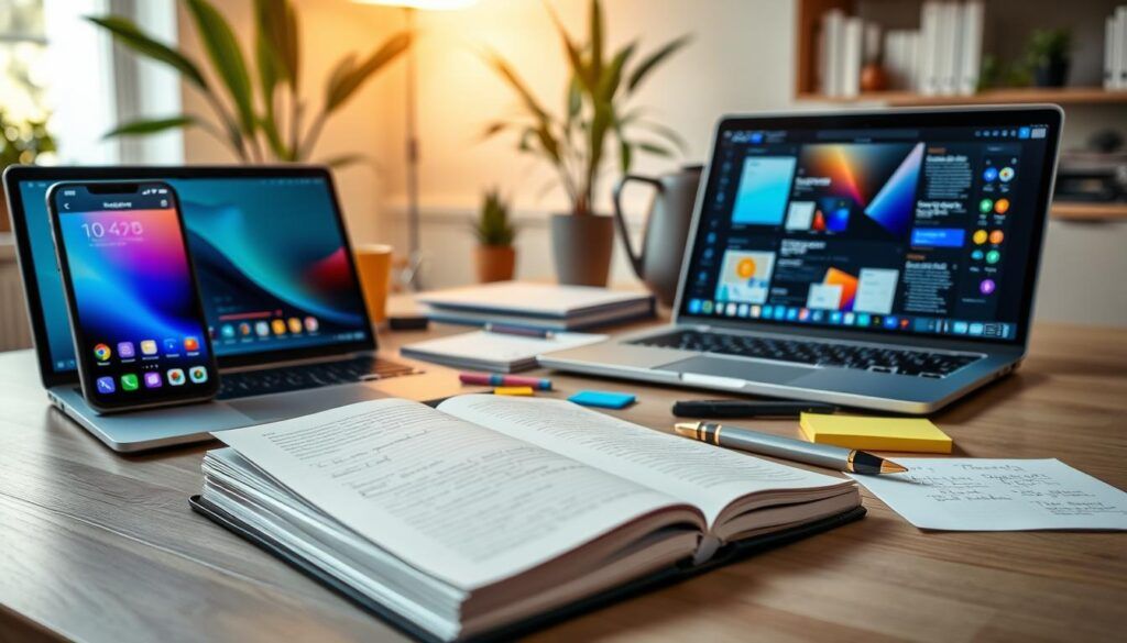 A modern workspace featuring sleek, digital note-taking apps displayed on a smartphone and a laptop, showcasing vibrant user interfaces. In the foreground, an open notebook lies beside the devices, with handwritten notes and colorful sticky notes scattered around. The middle layer includes a stylish desk with minimalistic design, a high-end pen, and stylish office supplies. The background features a well-lit home office with greenery and soft, natural light streaming through a window. Shot from a slight angle to emphasize the technology, the atmosphere conveys productivity and creativity. The overall mood is organized and inspiring, reflecting a seamless blend of analog and digital note-taking in 2026.
