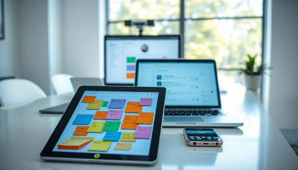 A modern workspace in a bright, well-organized office setting, showcasing various digital devices on a sleek desk. In the foreground, a tablet displays a vibrant note-taking app interface, featuring colorful sticky notes and organized lists. Beside it, a laptop shows a split-screen of the same app being used, illustrating seamless integration between devices. In the middle ground, a smartphone rests at a slight angle, displaying reminders and drawing tools, suggesting interactivity. The background features a large window with natural light flooding in, with greenery visible outside, creating an inviting and productive atmosphere. The image captures a sense of innovation and efficiency, emphasizing the productivity lifestyle of 2026. The overall mood is modern and inspiring, with a clean aesthetic.