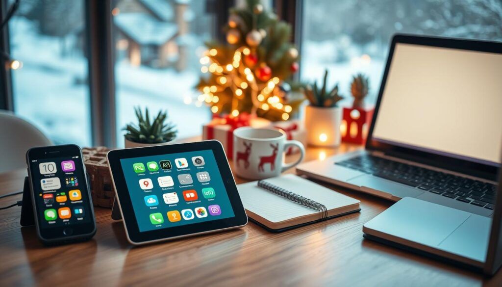 A modern workspace showcasing the top holiday to-do apps on multiple devices – a smartphone, tablet, and laptop – displayed on a stylish wooden desk. In the foreground, the devices show colorful app icons like 'Planner', 'Checklist', and 'Holiday Organizer', arranged artfully with a cozy holiday-themed mug and a notebook for jotting down notes. The middle layer features twinkling fairy lights and festive decor, enhancing the holiday spirit. In the background, a softly lit window reveals a wintery scene with gently falling snow outside, creating a warm, inviting atmosphere. The image is bright and cheerful, evoking feelings of productivity and holiday joy, captured with a soft focus lens to create an inviting glow.