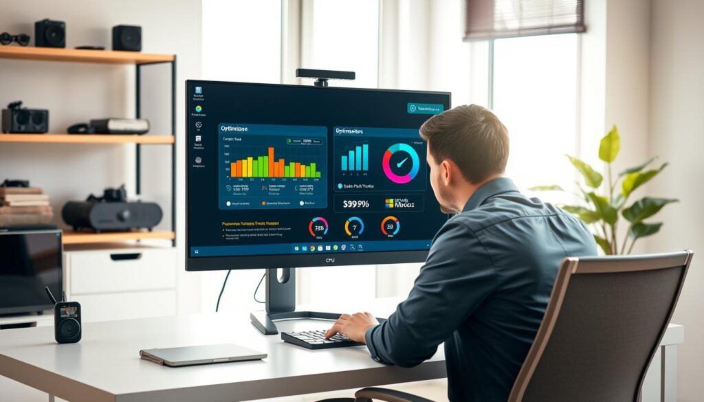 A sleek, modern computer desk setup in a well-lit home office environment, showcasing a desktop monitor displaying a vibrant interface of a Windows optimization tool. In the foreground, a focused individual in professional attire is intently analyzing system performance metrics on the screen. The middle of the image features vibrant graphs and gauges illustrating CPU usage, RAM memory, and disk health, symbolizing optimization processes. Soft, natural lighting filters through a nearby window, creating an inviting atmosphere. The background showcases tidy shelves with tech gadgets and a plant, emphasizing a productive workspace. The overall mood is one of efficiency, professionalism, and technological advancement, perfect for illustrating the concept of optimizing Windows performance.