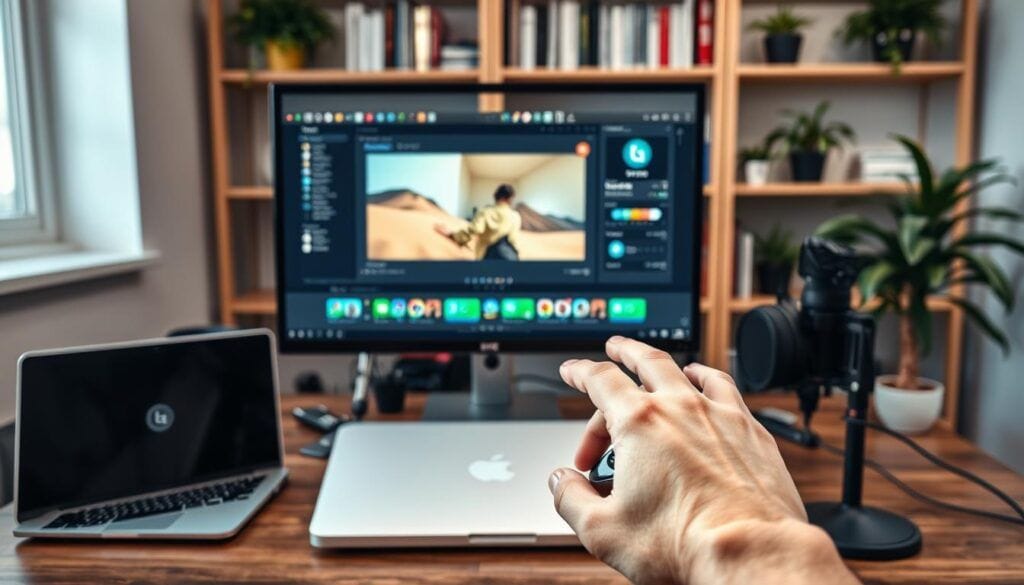 A sleek, modern computer setup featuring a high-resolution monitor displaying a screen recording software interface. In the foreground, a hand is shown gently hovering over a computer mouse, poised to click, with a soft glow from the screen reflecting on the hand. The middle ground includes an elegant laptop and a professional microphone, hinting at a content creator's workspace, with a tasteful arrangement of stationery. The background showcases a well-organized bookshelf filled with tech-related books and plants, adding life to the scene. The lighting is bright and inviting, emphasizing focus and creativity, while the overall mood conveys a sense of productivity and innovation in digital content creation. A sleek, modern computer setup featuring a high-resolution monitor displaying a screen recording software interface. In the foreground, a hand is shown gently hovering over a computer mouse, poised to click, with a soft glow from the screen reflecting on the hand. The middle ground includes an elegant laptop and a professional microphone, hinting at a content creator's workspace, with a tasteful arrangement of stationery. The background showcases a well-organized bookshelf filled with tech-related books and plants, adding life to the scene. The lighting is bright and inviting, emphasizing focus and creativity, while the overall mood conveys a sense of productivity and innovation in digital content creation.