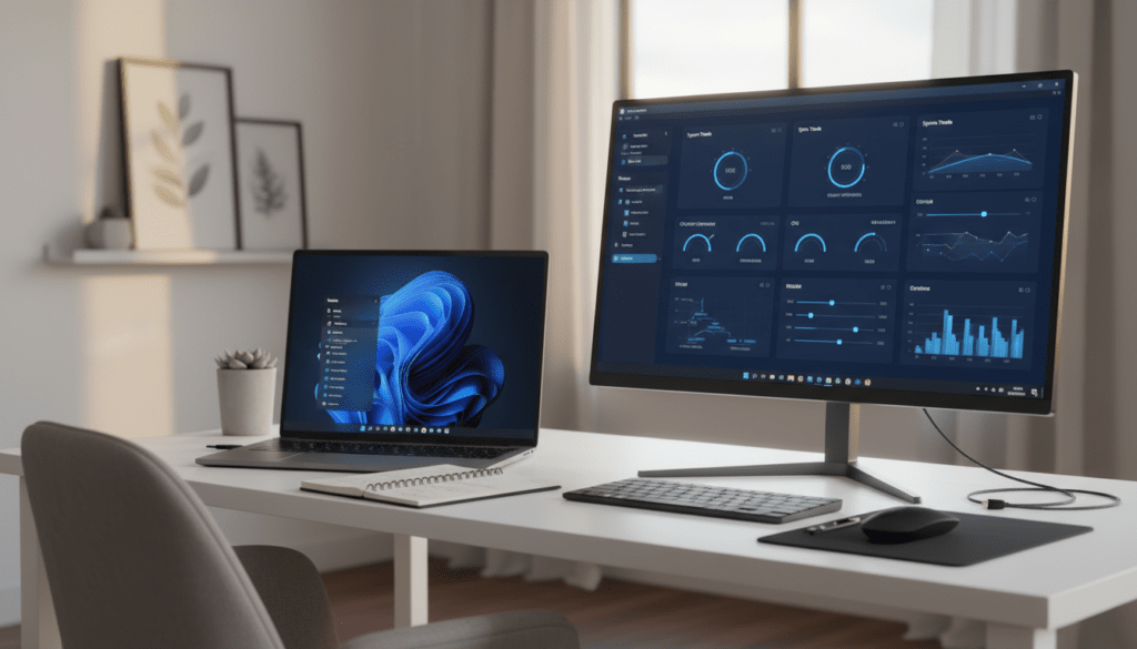 A sleek, modern desktop with a Windows 11 interface, showcasing system tweaks for optimization. In the foreground, an elegant laptop with a vibrant, high-resolution display highlights a Windows 11 settings menu, emphasizing performance check options. The middle ground features an organized workspace with a notepad and tech gadgets, such as a sleek mouse and keyboard. The background is softly blurred, showing a minimalistic home office environment with warm, ambient lighting that creates a professional and focused atmosphere. The angle should be slightly elevated, capturing both the screen and the workspace below. The mood is one of productivity and efficiency, perfect for enhancing the user experience.
