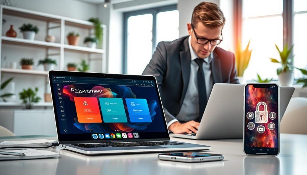A sleek, modern digital workspace depicting the concept of the best free password manager in 2026. In the foreground, a stylish laptop is open, displaying a colorful interface of a password management application with animated features. Nearby, a smartphone shows an app icon for the same tool, with shimmering icons reflecting a sense of security and organization. In the middle ground, a professional individual dressed in business attire, focused and engaged, leans toward the laptop, symbolizing productivity and confidence in managing their passwords. The background features a light and airy office space with soft natural light streaming through a window, plants adorning the shelves, and a subtle tech vibe, creating an atmosphere of innovation and trustworthiness.