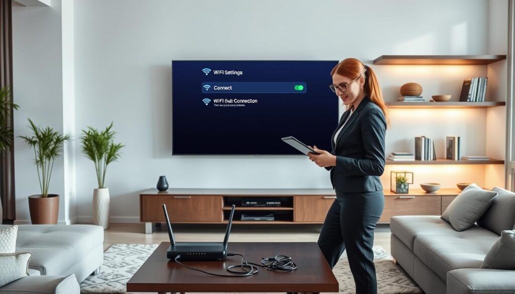 A sleek, modern living room scene featuring a smart TV prominently displayed on a wall. The TV screen showcases a user-friendly interface illustrating Wi-Fi settings, including an "Connect" button and Wi-Fi signal strength indicator. In the foreground, a person in professional business attire, holding a tablet, appears to troubleshoot the connection, with a focused expression. The middle ground features a stylish coffee table with a Wi-Fi router and cables neatly arranged, signaling a tech-savvy environment. The background includes softly lit shelves with books and decorative items, creating a cozy atmosphere. The scene is well-lit with natural daylight coming through large windows, lending an inviting feel to the space. The overall mood is one of calm efficiency, perfect for a troubleshooting guide.