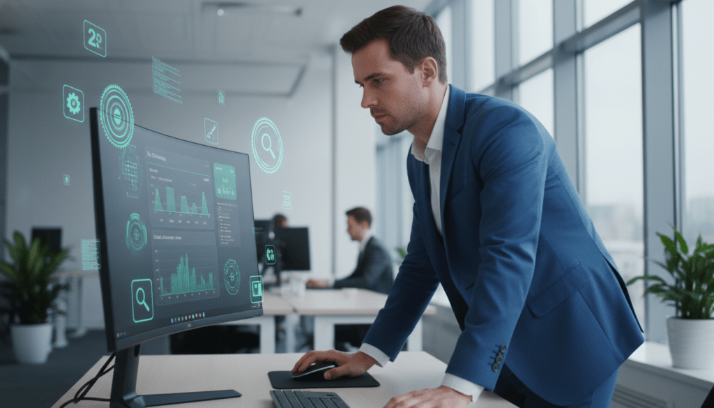 A sleek, modern office environment showcasing a well-organized workspace featuring a Windows 11 computer setup. In the foreground, a focused professional figure, dressed in smart casual attire, examines performance metrics displayed on the screen, with a thoughtful expression on their face. In the middle, a digital overlay of Windows 11 icons, such as task manager and performance graphs, subtly integrated, emphasizing optimization tools. The background depicts a bright, airy room with soft, natural lighting filtering through large windows, highlighting a sense of productivity and calm. Use a shallow depth of field to keep the focus on the professional and the screen, while blurring the background slightly to enhance the atmosphere of concentration on improving PC speed and stability.