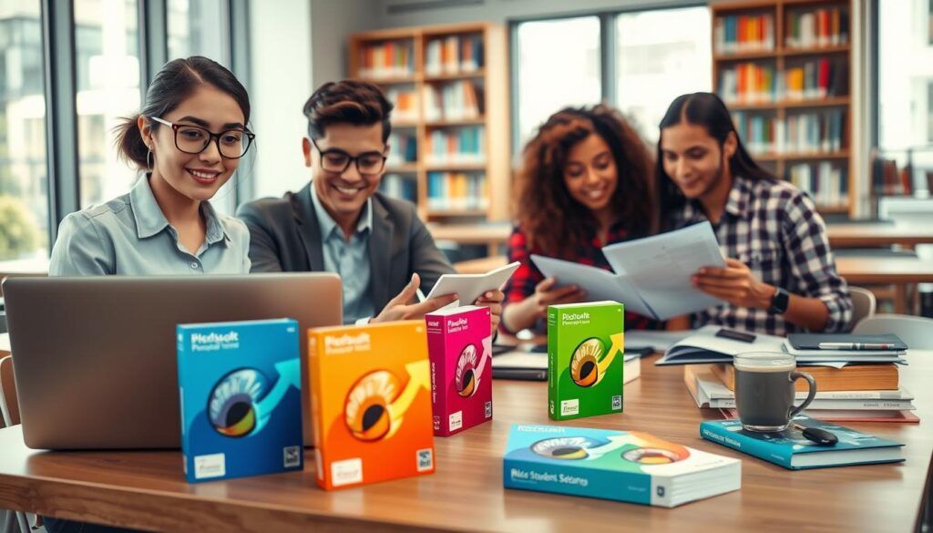 A vibrant and modern workspace featuring a diverse group of students engaged in studying and collaborating. In the foreground, a young woman with glasses in business casual attire is using a laptop, while a young man is reviewing documents on a tablet. On the table, colorful software boxes and promotional brochures are neatly arranged. In the middle, a sleek, stylish desk with school supplies and a coffee cup, adding to the academic atmosphere. The background includes a bright, well-lit library with shelves of books, soft lighting streaming through large windows, creating an inviting and focused mood. The overall atmosphere conveys enthusiasm and productivity, highlighting the theme of exclusive student software offers without any text or distractions.