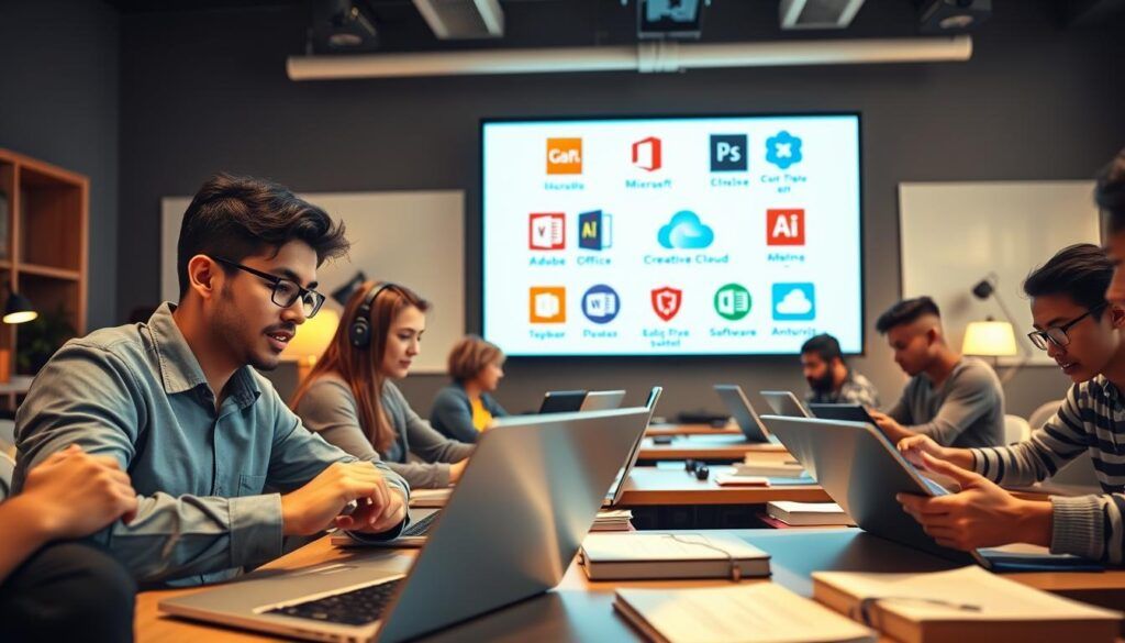 A vibrant classroom scene showcasing a diverse group of students engaged in using various software tools on laptops and tablets. In the foreground, a focused male student in business casual attire is enthusiastically coding, while a female student in smart casual wear collaborates with him on a digital design project. In the middle ground, a large digital screen displays popular software logos like Microsoft Office, Adobe Creative Cloud, and antivirus software, creating a lively atmosphere. The background features textbooks and notebooks scattered around, hinting at academic life. Soft, warm lighting emanates from desk lamps, giving the scene a productive yet inviting mood. The angle should be slightly elevated, capturing both the students’ concentration and the digital tools that empower their learning.