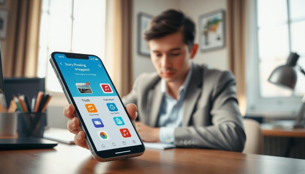 A visually engaging workspace scene that illustrates the concept of freeing up phone storage. The foreground features a modern, sleek smartphone displaying a storage management app, with vibrant icons of photos and apps being dragged into a "Trash" bin. In the middle ground, a professional person, dressed in a smart casual outfit, is intently focused on the phone, with a look of concentration and determination. Soft, natural lighting from a nearby window illuminates the scene, creating a warm and inviting atmosphere. The background includes a tidy desk setup with stationery and a computer, hinting at a productive work environment. The overall mood should convey a sense of clarity, organization, and purpose, reflecting the importance of managing digital space effectively.